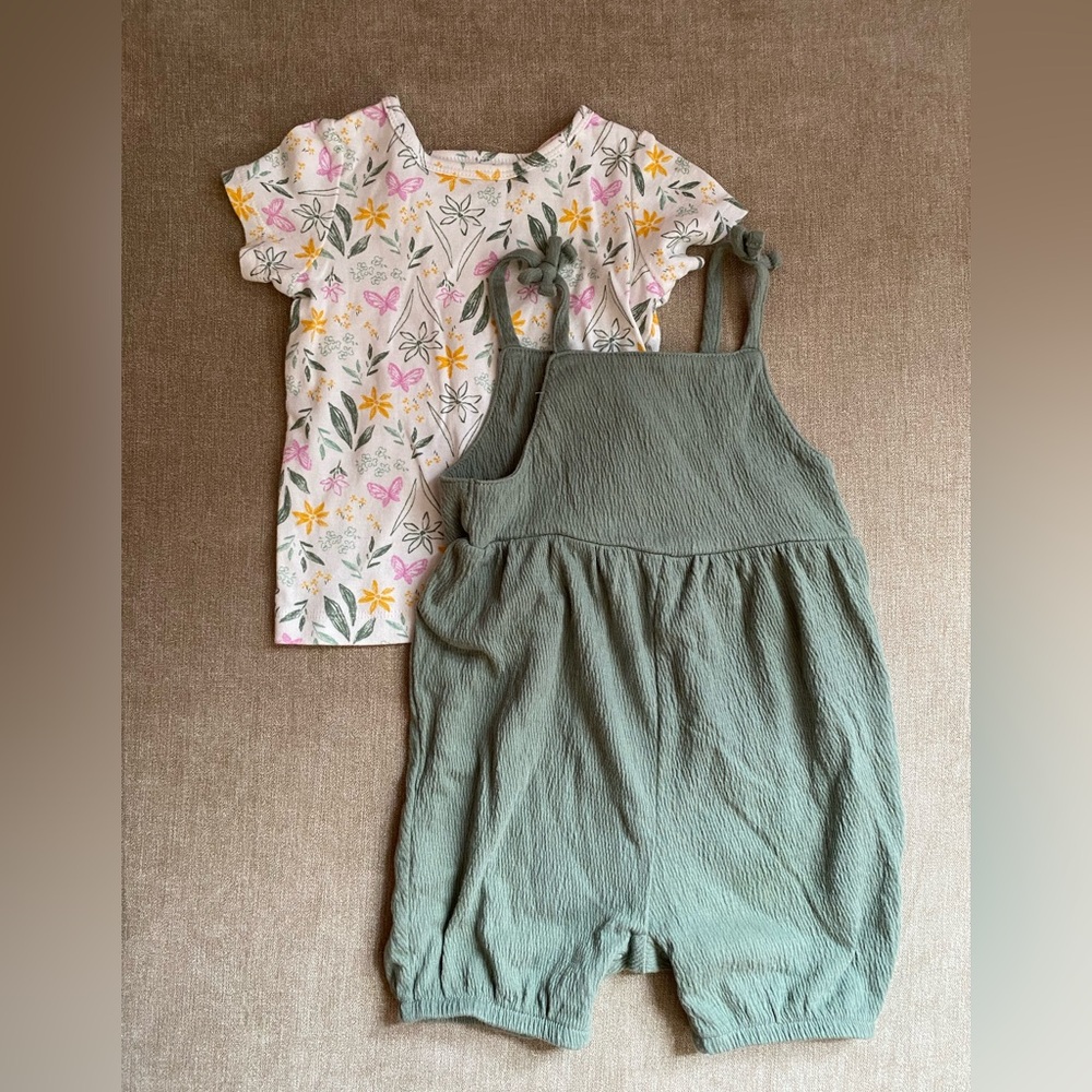 Adorable Kids Matching Set with Green Romper and Floral Top
